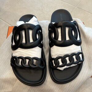 Hermes Extra Sandal Chaine d'Ancre Oran Chypre Genius Empire Noir Flat 36.5/37